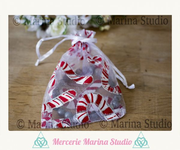 10 jolies sachets organza canne à sucre pour Noël environ 12x9cm