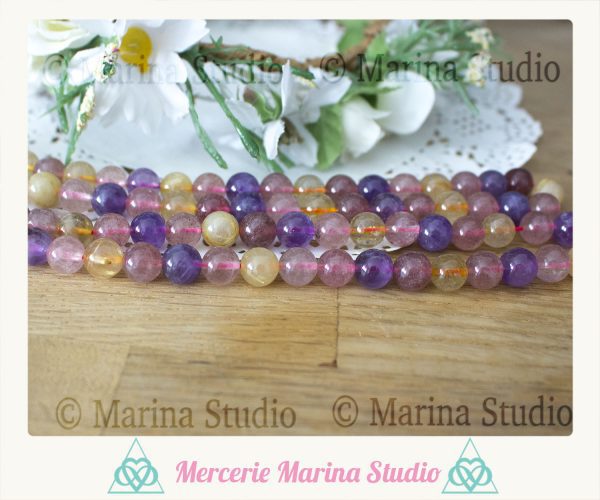 10 perles mélange quartz cheveux d'ange, améthyste et quartz fraise 8mm ou 6mm * reiki * chakras healing