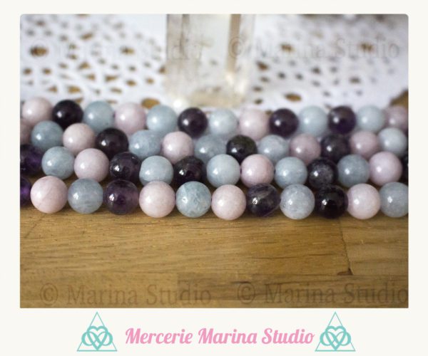 Lot mixe d'amethyste quartz rose et aigue marine 8mm ou 6mm
