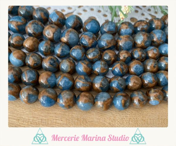 Enfilade perles bleue et bronze 8mm
