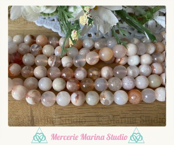 RARES Lot de 10 perles en agate fleurs de cerisier 8mm