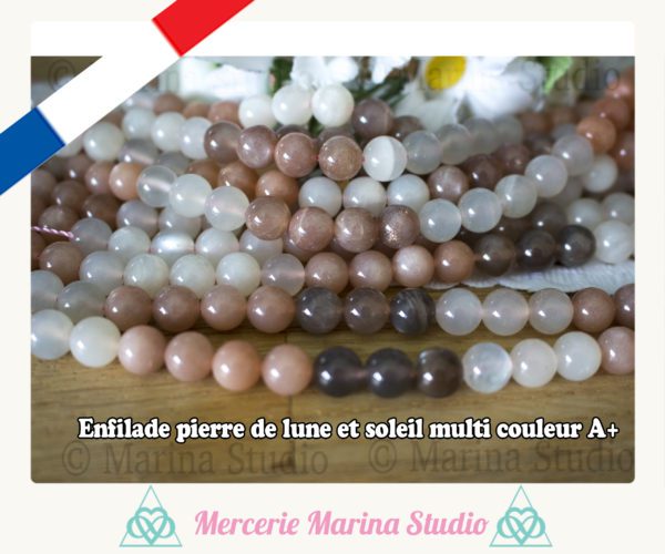 Magnifique enfilade de pierre de lune et soleil 8mm multi couleur 46 perles - Qualité Extra A+ - 100% naturelle non teintées
