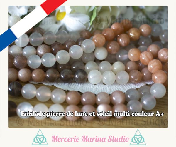 Magnifique enfilade de pierre de lune et soleil 8mm multi couleur 46 perles - Qualité Extra A+ - 100% naturelle non teintées – Image 3