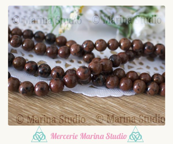 RARE lot de 10 perles en obsidienne acajou 8mm du Mexique. Signe astrologique balance