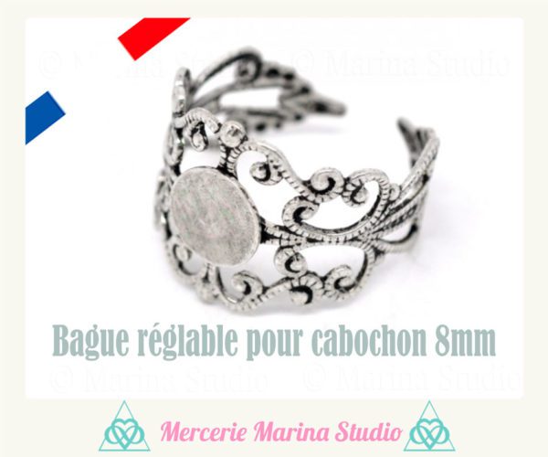 Destockage lot de 10 bagues réglables filigranées métal argent pour cabochon 8mm