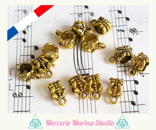 10 jolies bélières en doré tibétain très détaillées 11.5x6mm