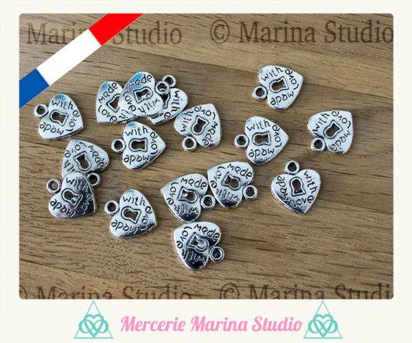 10 adorables coeur argenté made with love avec trou de serrure