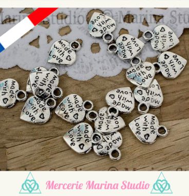Lot de 10 breloques made with love en argent tibétain 13mm