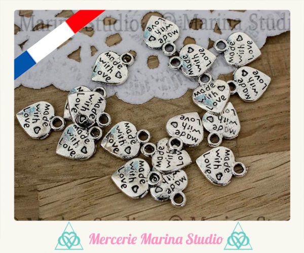 Lot de 10 breloques made with love en argent tibétain 13mm