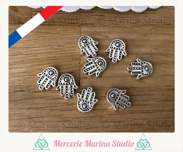 lot de 5 perles intercalaires main de Fatma en métal argenté 11x10mm