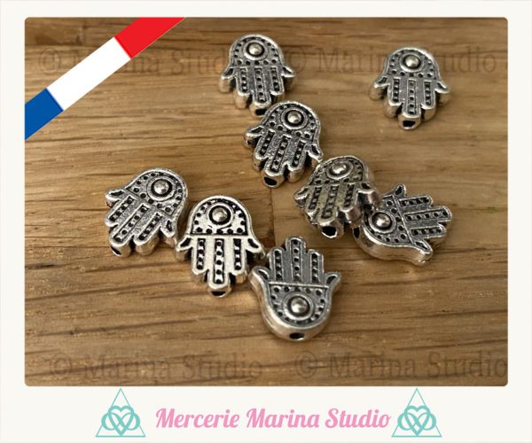 lot de 5 perles intercalaires main de Fatma en métal argenté 11x10mm – Image 2