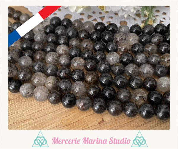 Lot de 10 perles en quartz tourmaline rutilé  8mm qualité extra A+