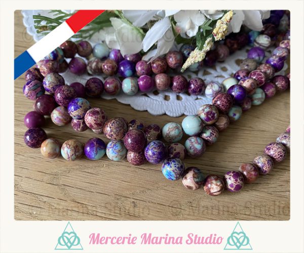Lot de 10 perles en jaspe ocean sédiment 8mm couleur violette