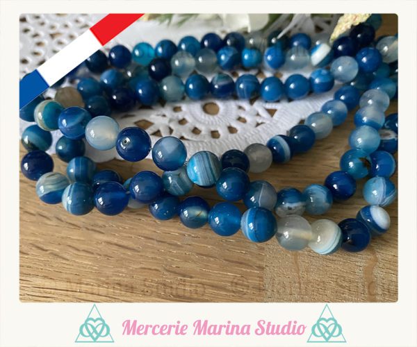 Lot de 10 perles en agate bleue 8mm ou 6mm