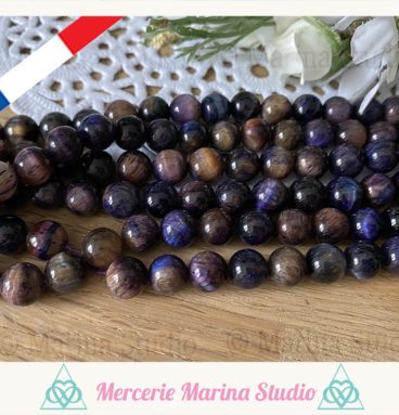 Lot de 10 perles en oeil de tigre 8mm couleur violette et multi couleur