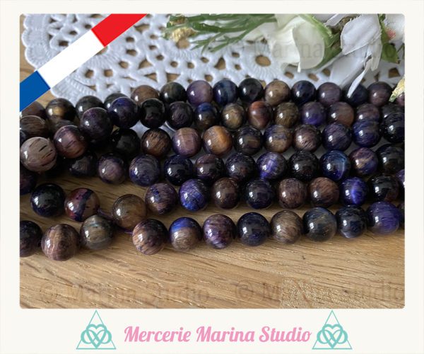 Lot de 10 perles en oeil de tigre 8mm couleur violette et multi couleur
